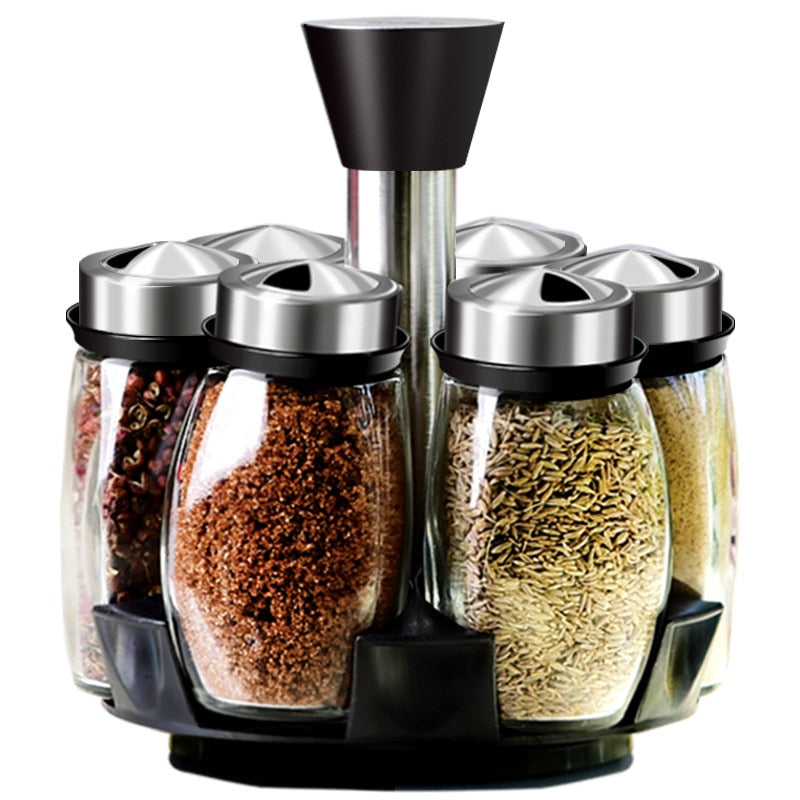 Rotating carousel for spices. Glass rack, detachable spice jar for the kitchen.
