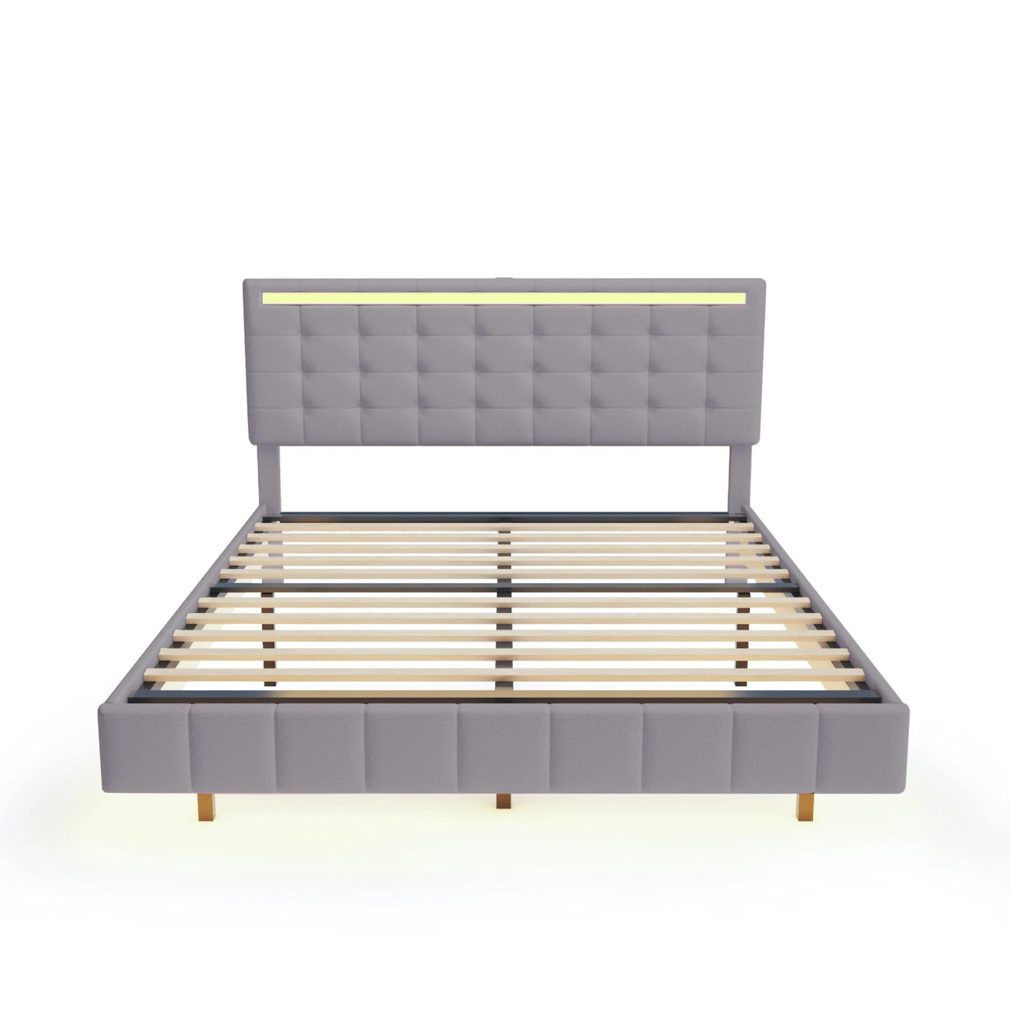 Lit double suspendu, effet velours avec sommier à lattes, 160x200cm, LED, port USB et haut parleurs intégré. Couleurs gris /beige.