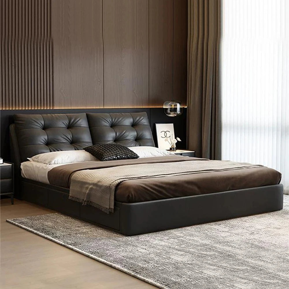 Lit double, 180cm, luxury en cuir avec compartiments de rangement et coffre.