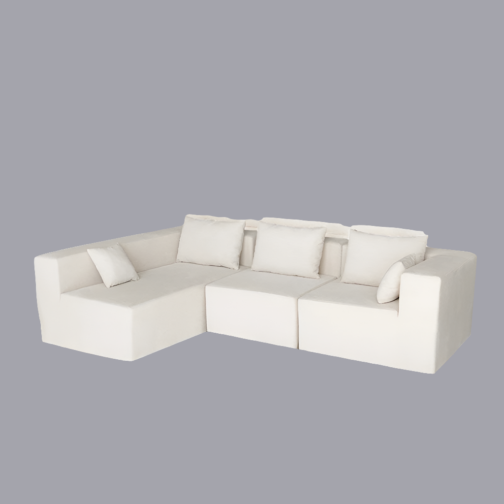 Canapé 4 places modulable blanc, 280cm. Assorti de ses coussins.