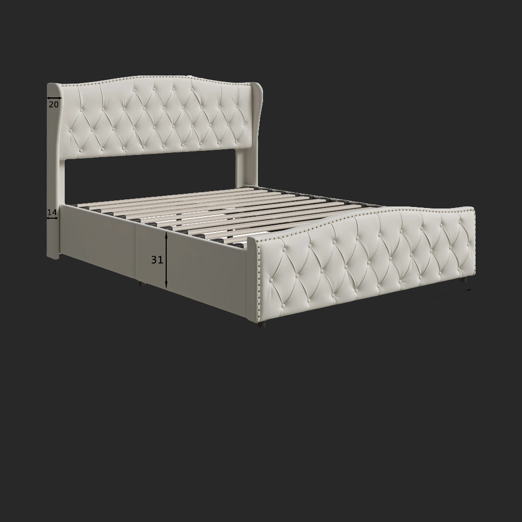 Lit coffre capitonné gris/beige, Moderne Double 160x200cm avec sommier à lattes.