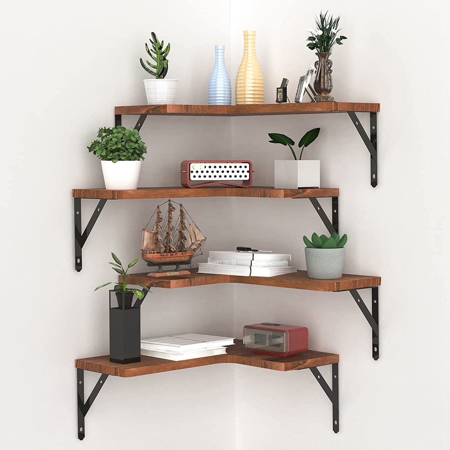 Set of 4 floating corner wall shelves in wood and metal.