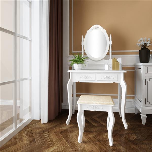 Coiffeuse blanche Versailles, 4 tiroirs avec tabouret rembourré. Livraison aux États-Unis seulement.