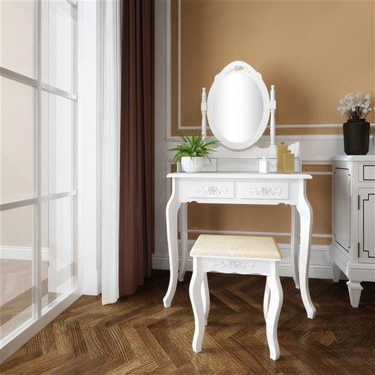 Coiffeuse blanche Versailles, 4 tiroirs avec tabouret rembourré. Livraison aux États-Unis seulement.