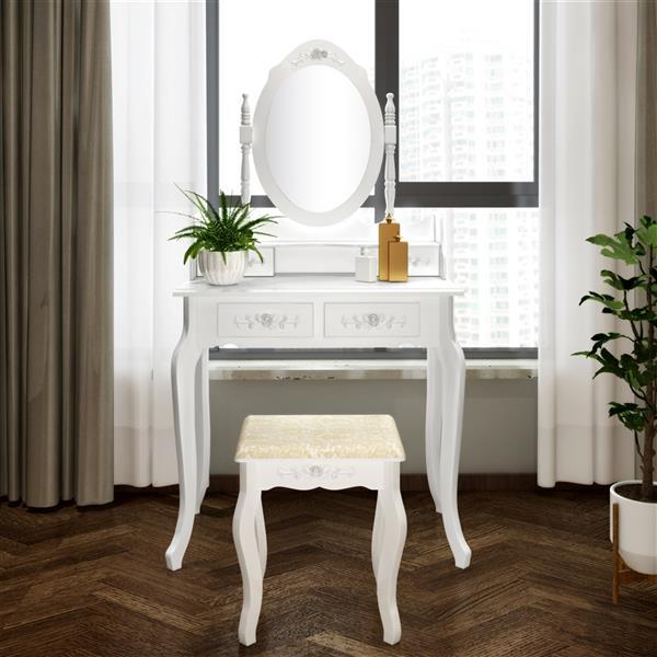 Coiffeuse blanche Versailles, 4 tiroirs avec tabouret rembourré. Livraison aux États-Unis seulement.