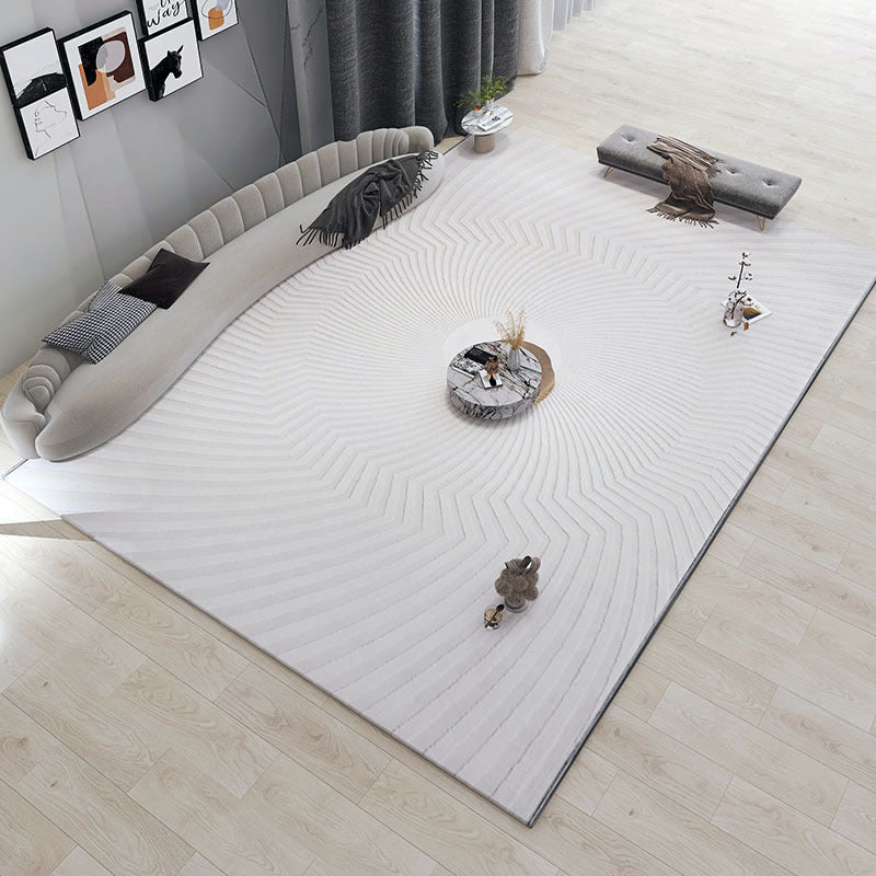 Tapis de sol blanc minimaliste pour salon, matière fibres de polyester luxe léger.