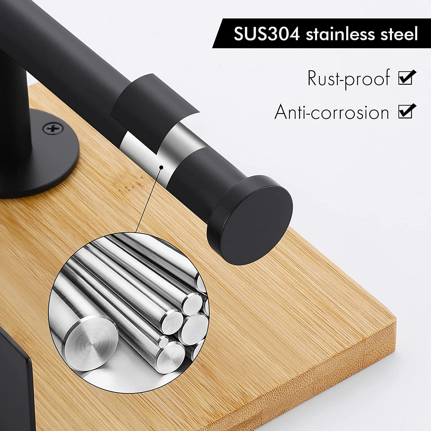 Support pour papier toilettes en Bambou. Bamboo Black Toilet Paper Holder With Phone Shelf