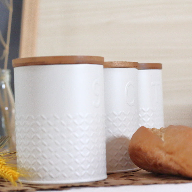 Boite de rangement pour condiments en Bambou. Bamboo Lid Round Can Kitchen Snack Candy Storage Box.