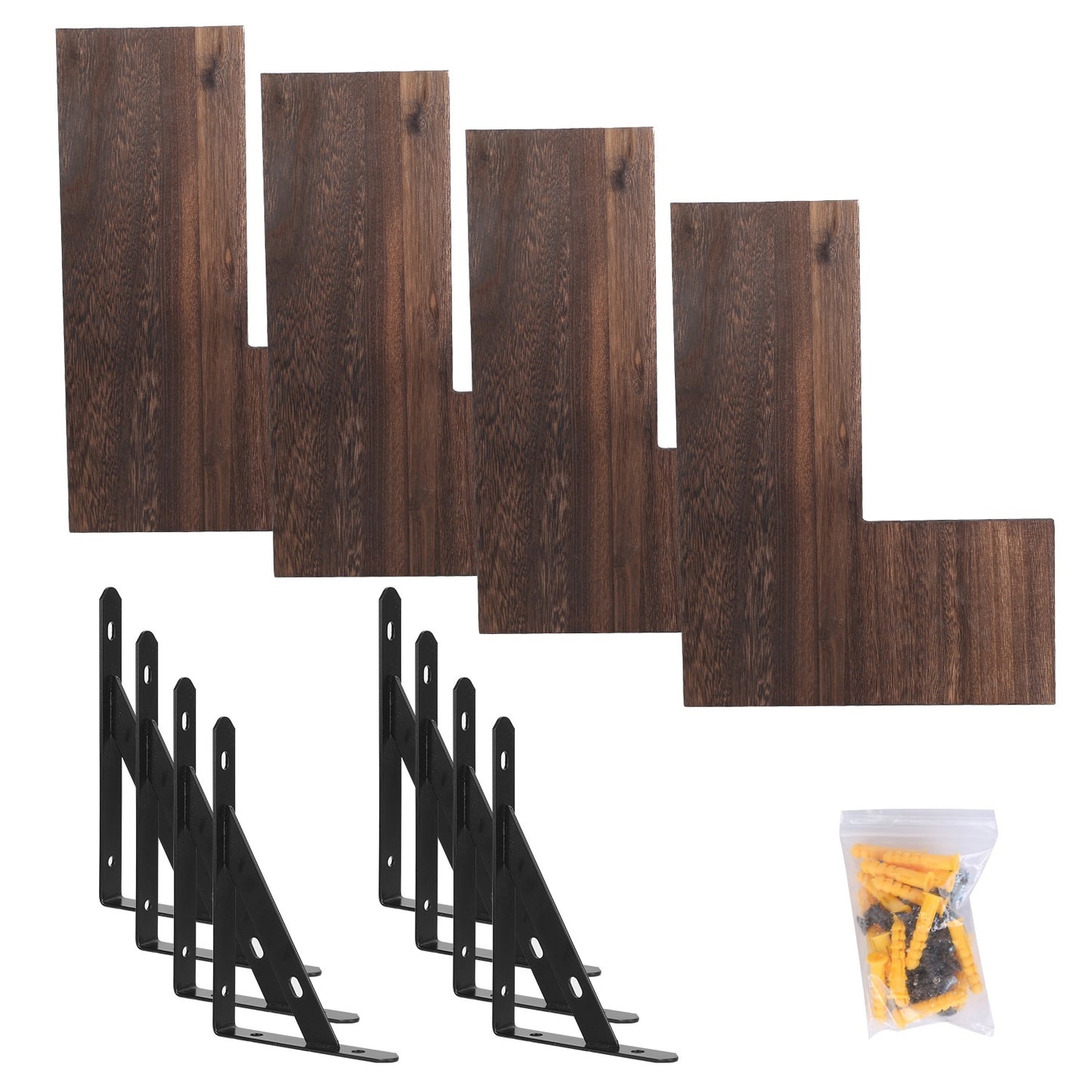 Set of 4 floating corner wall shelves in wood and metal.