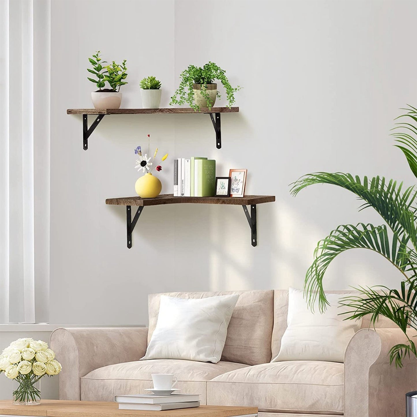 Set of 4 floating corner wall shelves in wood and metal.