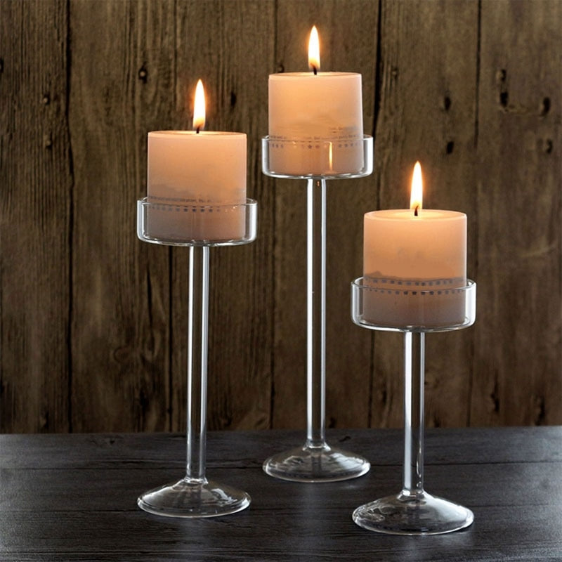 Set 3 High Glass Candle Holder Transparent.