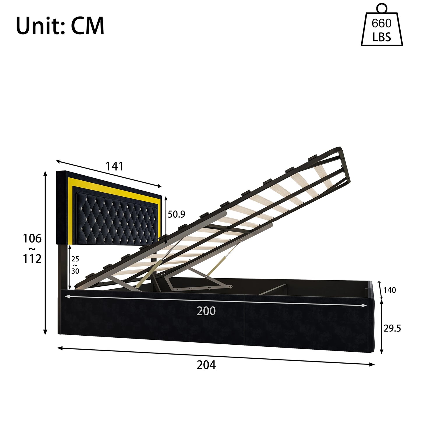 Lit coffre noir 140x200 cm avec LED, port USB et hauts parleurs intégrés.