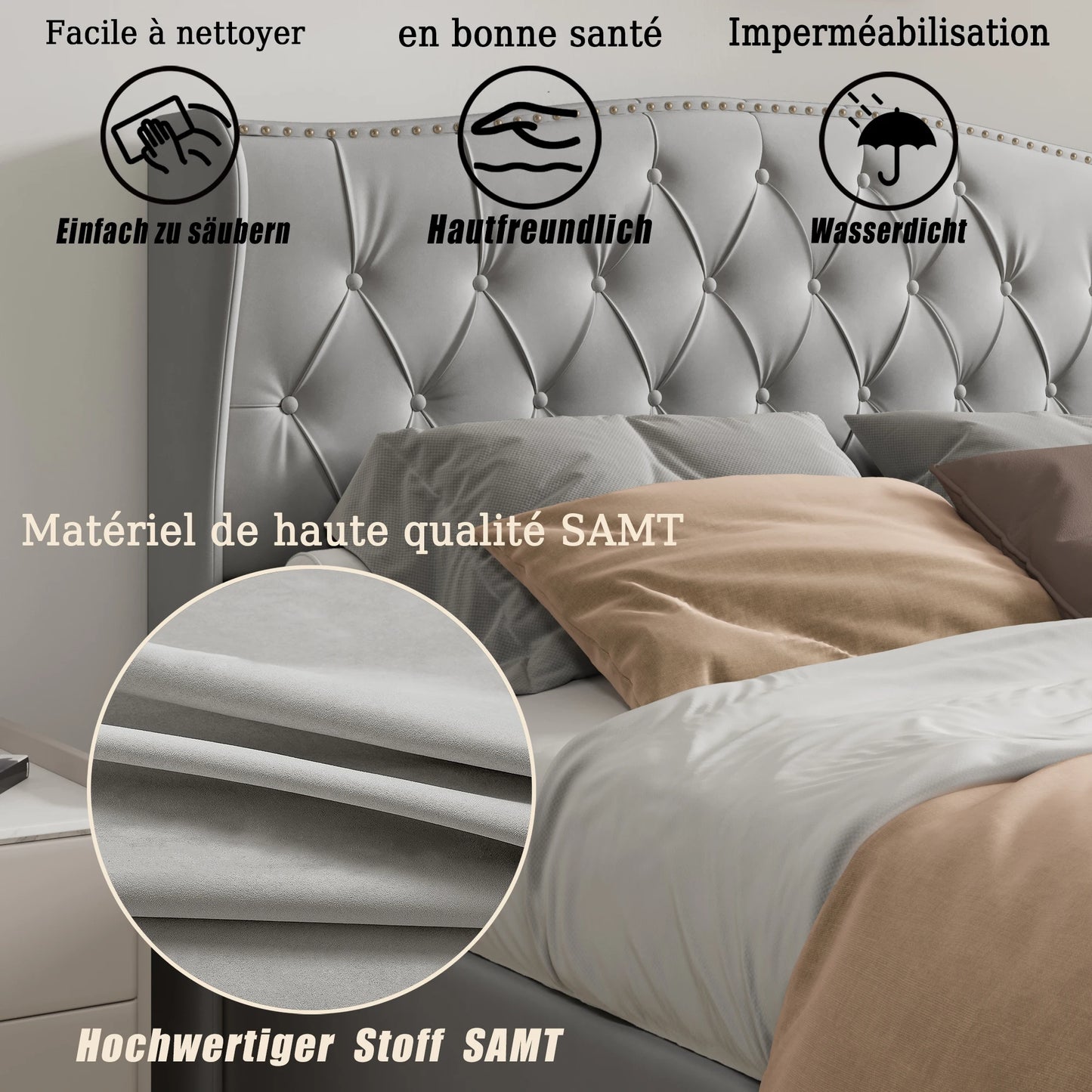 Lit coffre Velvet gris 140x200cm, avec sommier à lattes.