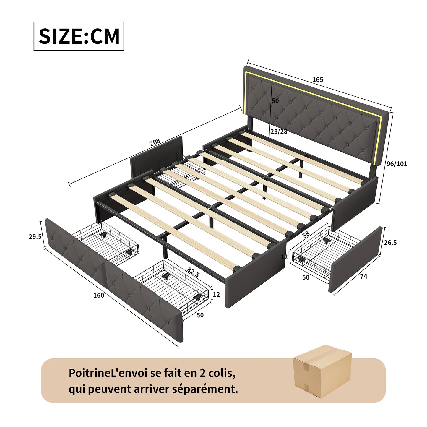 Lit gris 160 x 200 cm avec tiroirs de rangements et LED.
