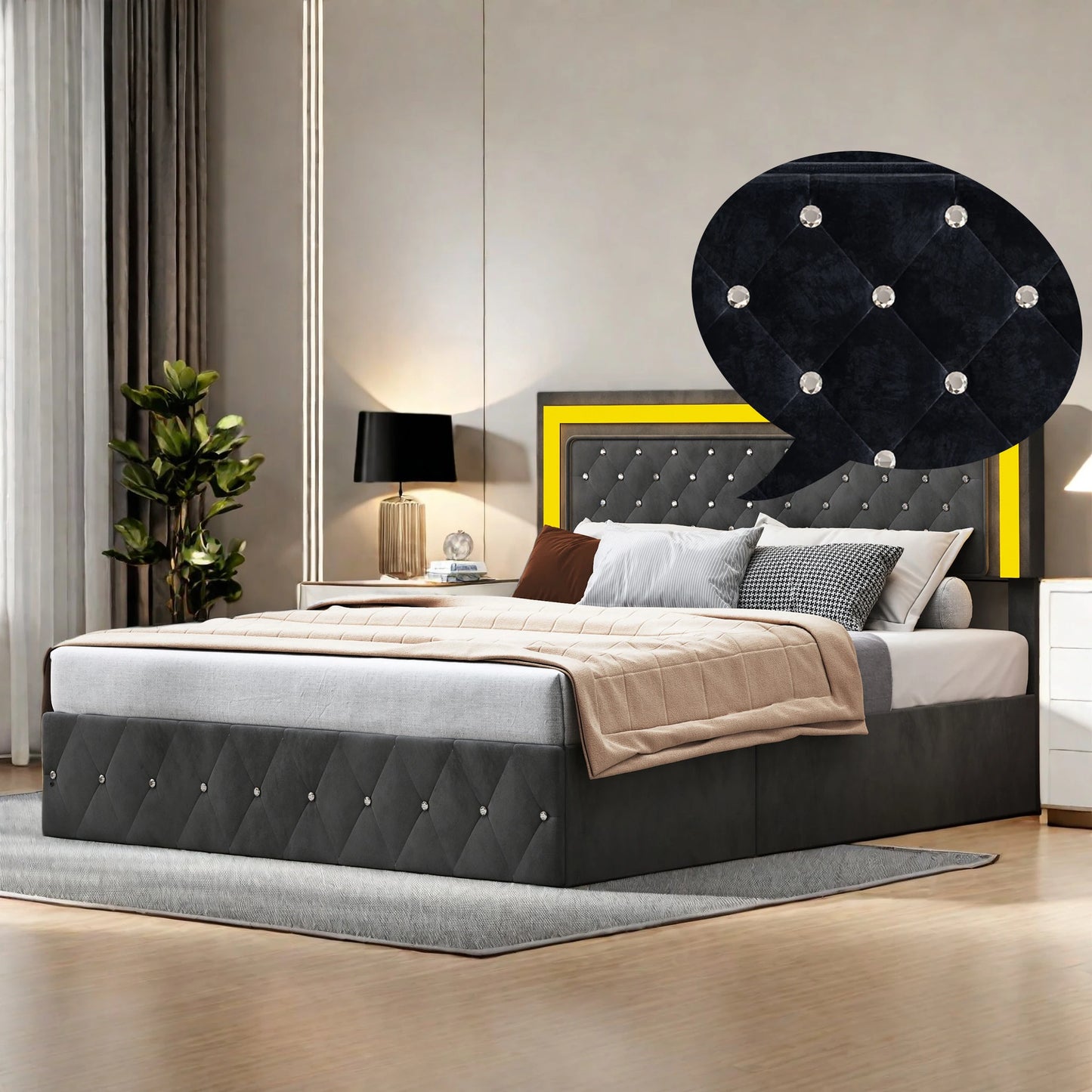 Lit coffre noir 140x200 cm avec LED, port USB et hauts parleurs intégrés.