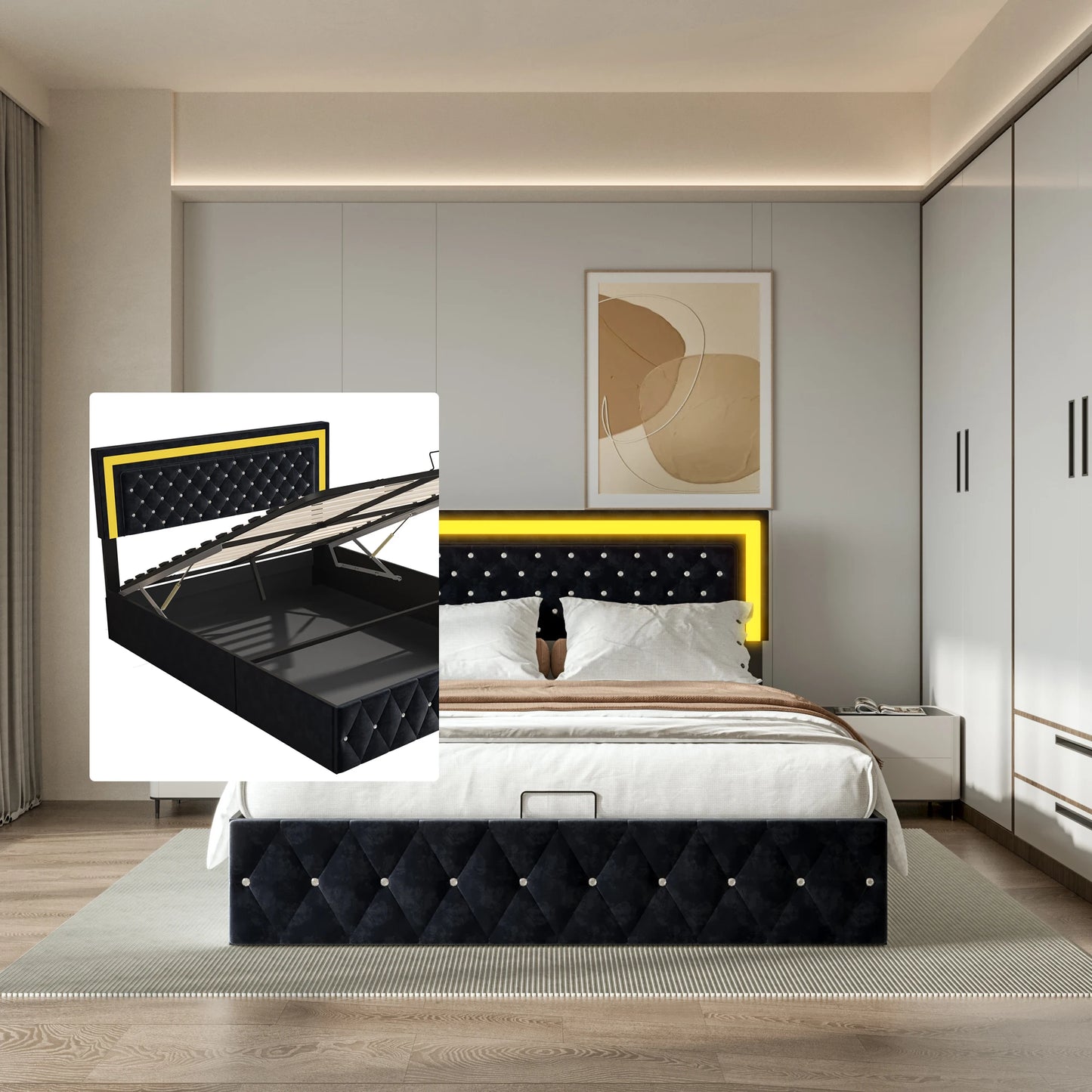 Lit coffre noir 140x200 cm avec LED, port USB et hauts parleurs intégrés.