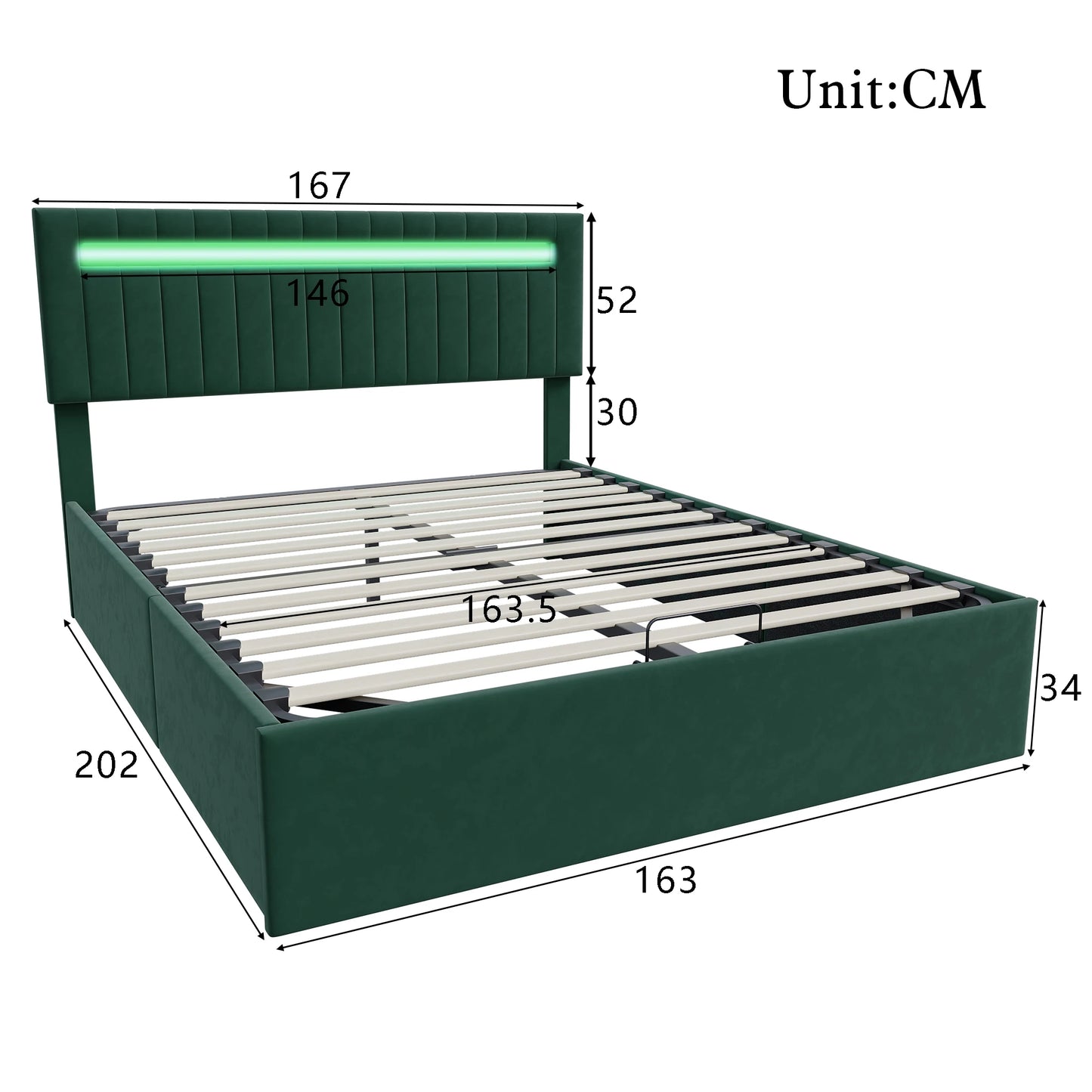 Emerald green velvet storage bed, 160x200cm, with integrated LED and USB port speakers.