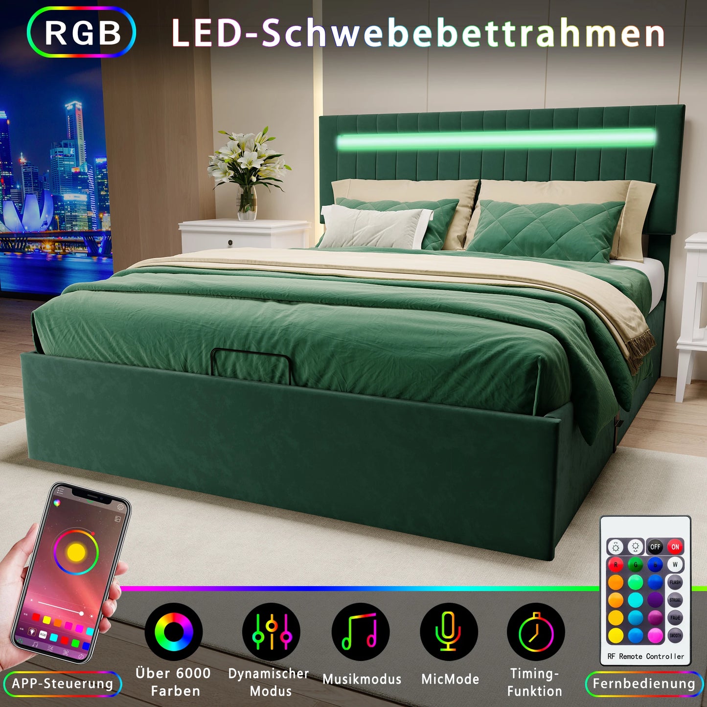 Emerald green velvet storage bed, 160x200cm, with integrated LED and USB port speakers.