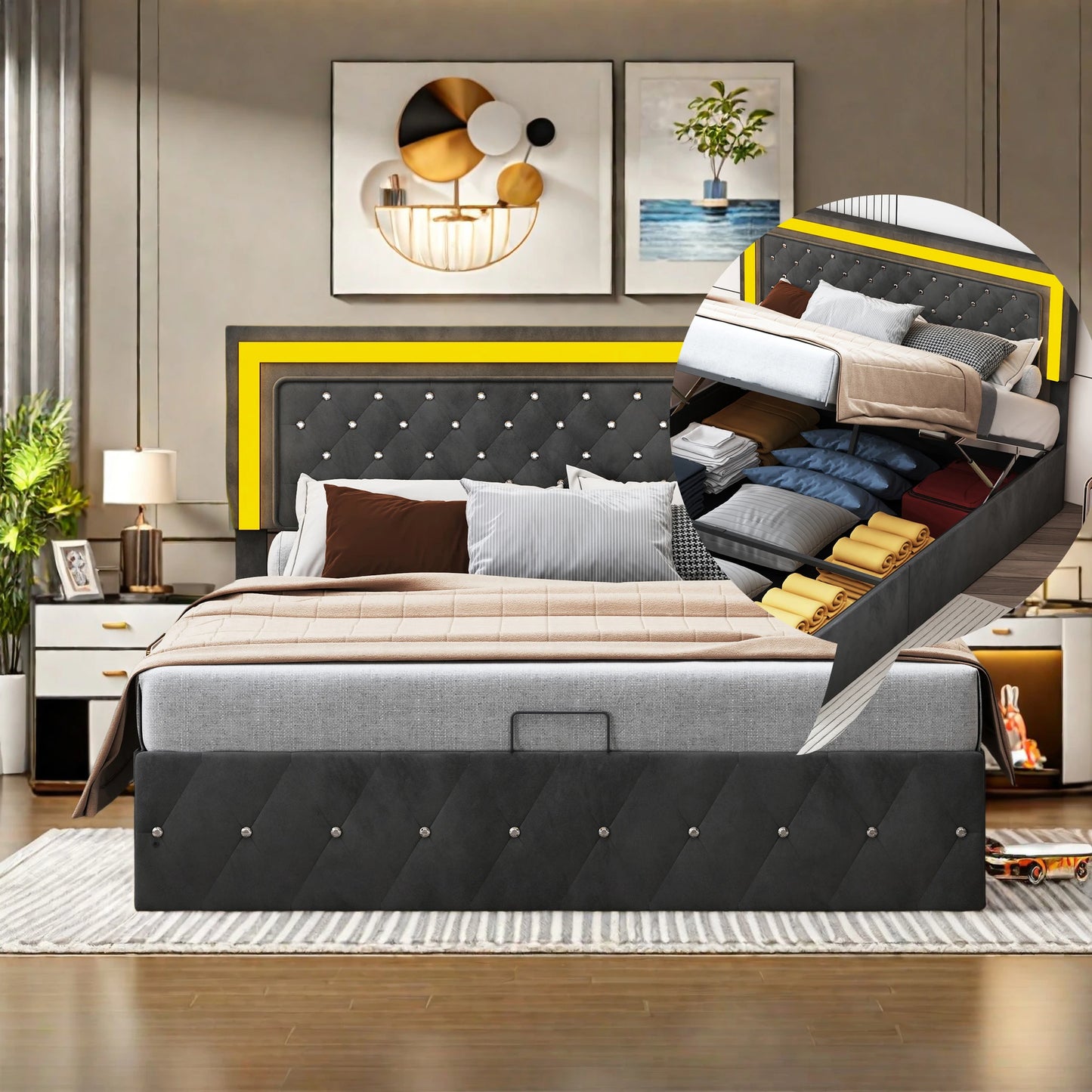 Lit coffre noir 140x200 cm avec LED, port USB et hauts parleurs intégrés.