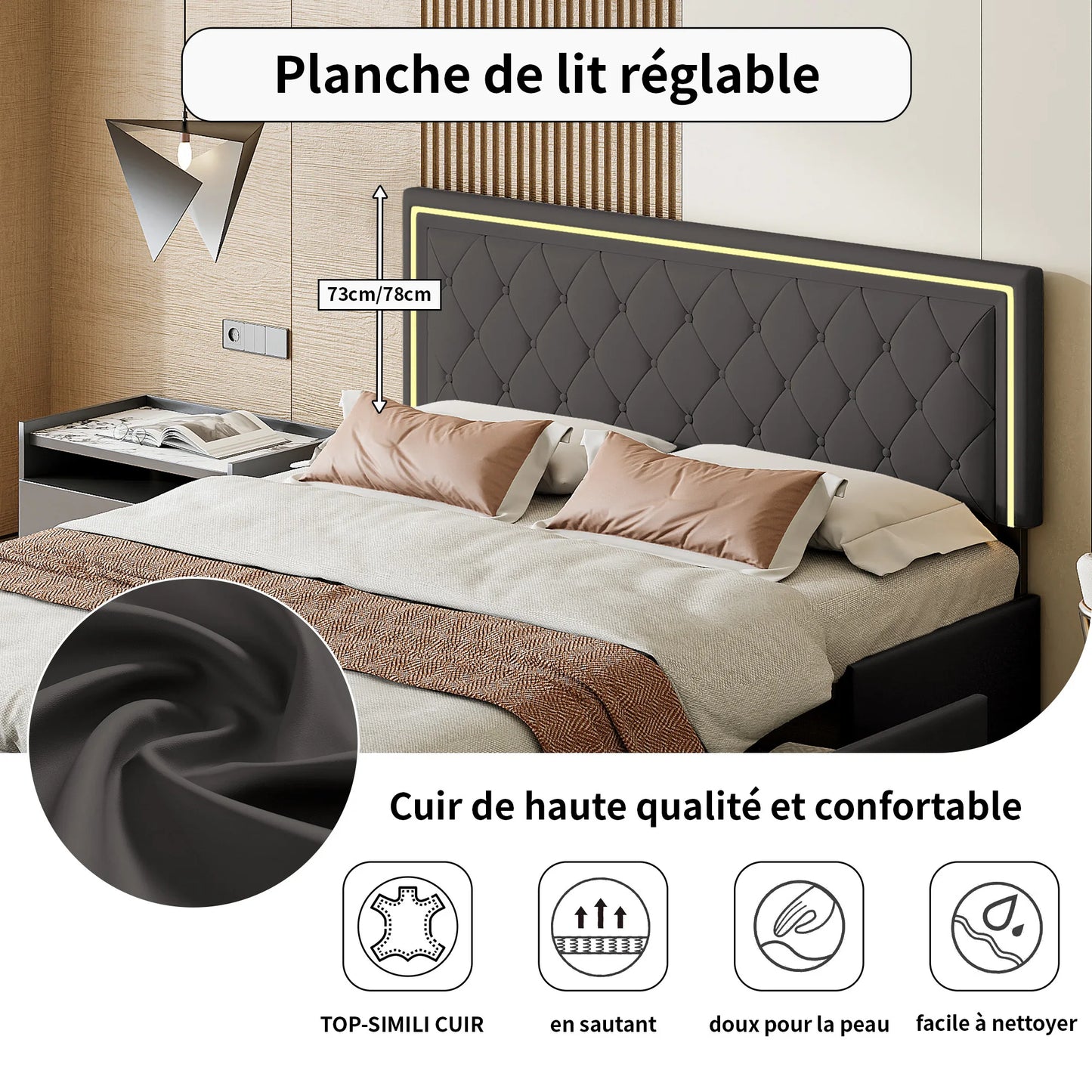 Lit gris 160 x 200 cm avec tiroirs de rangements et LED.