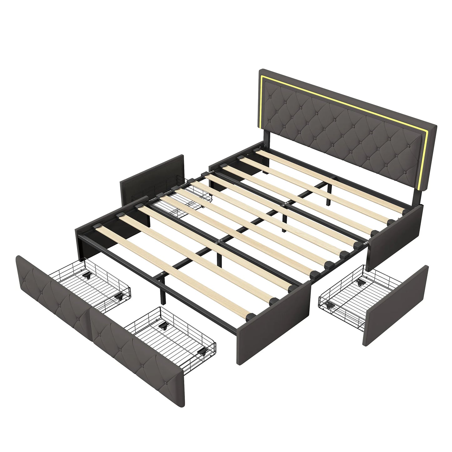 Lit gris 160 x 200 cm avec tiroirs de rangements et LED.