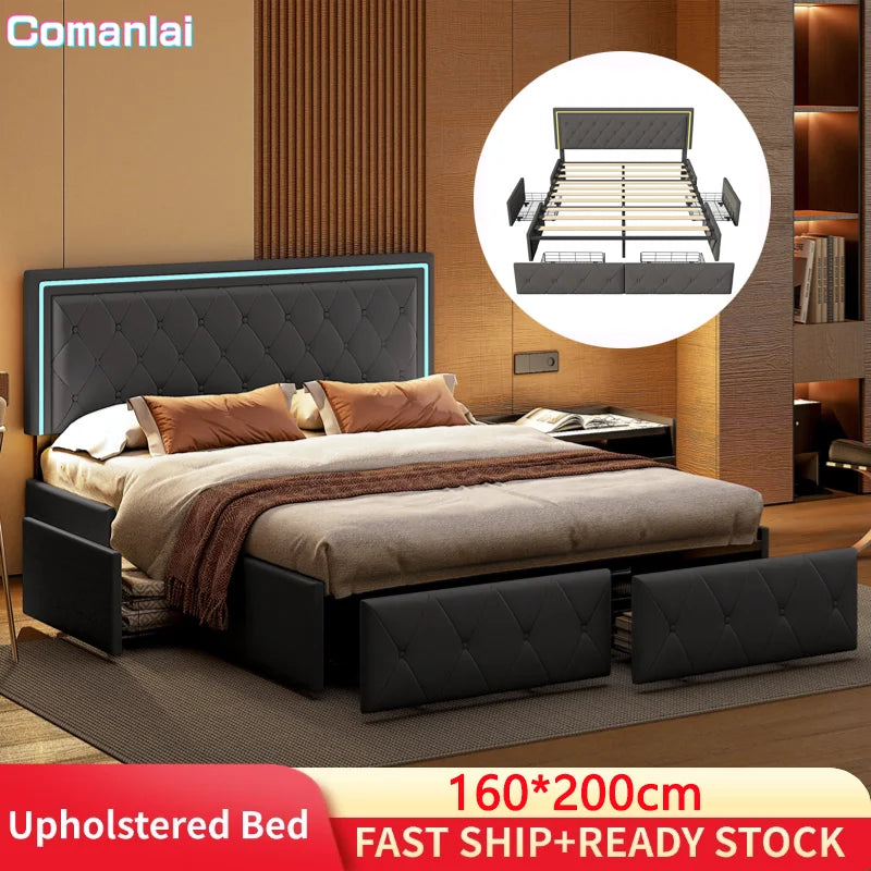 Lit gris 160 x 200 cm avec tiroirs de rangements et LED.