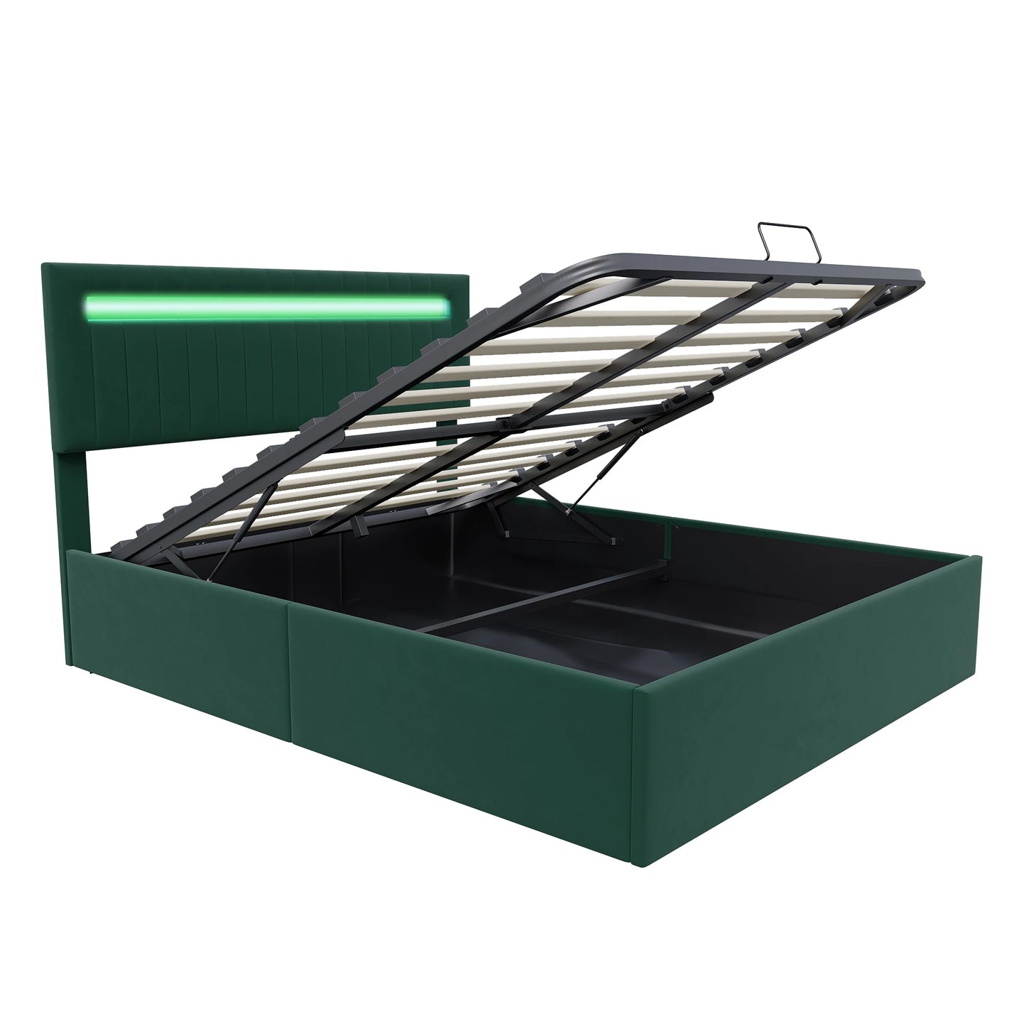 Emerald green velvet storage bed, 160x200cm, with integrated LED and USB port speakers.