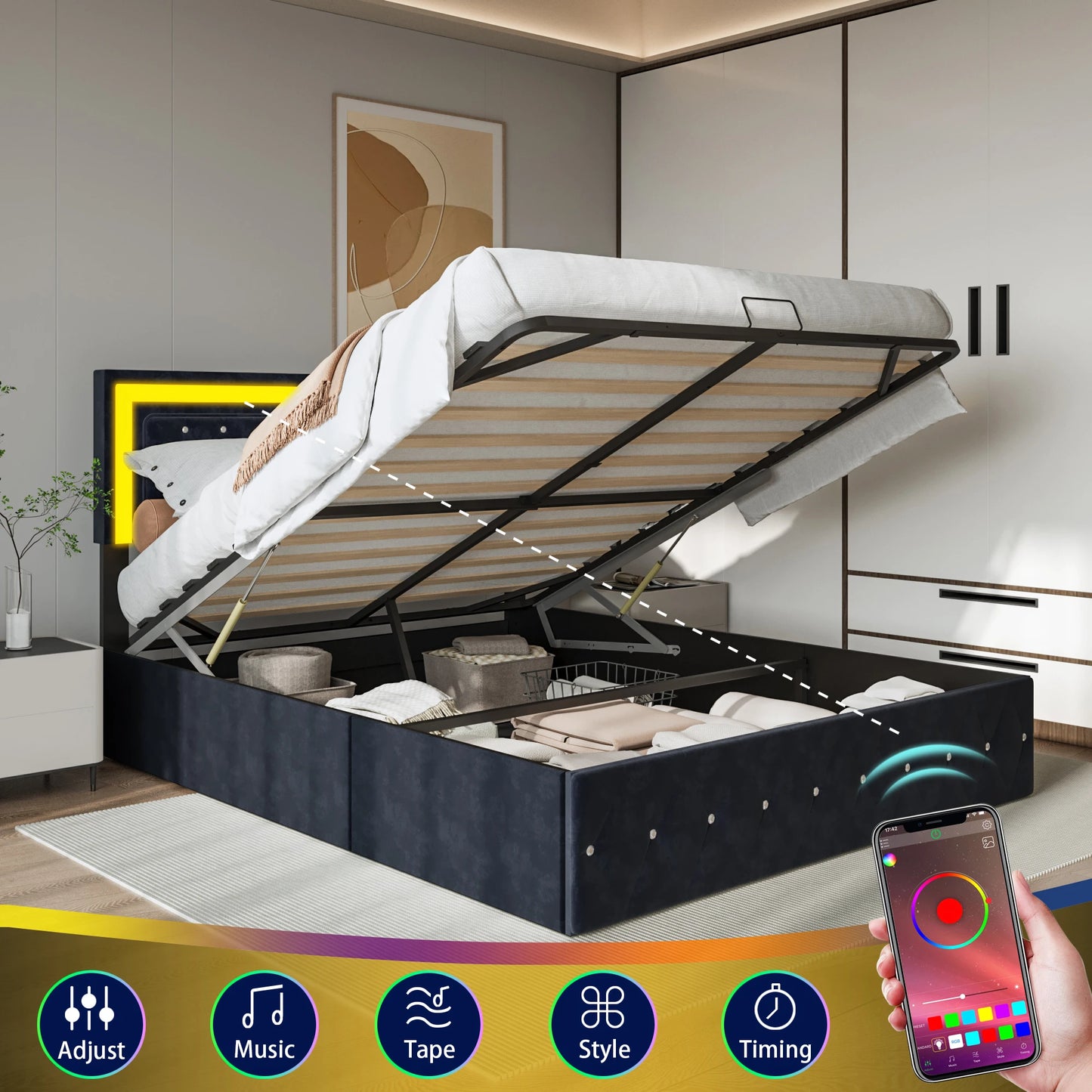 Lit coffre noir 140x200 cm avec LED, port USB et hauts parleurs intégrés.