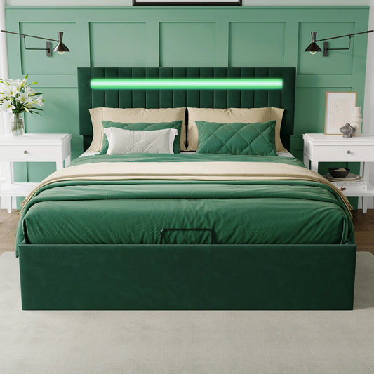 Lit coffre vert émeraude velours, 160x200cm, avec LED et port USB hauts parleurs intégrés.
