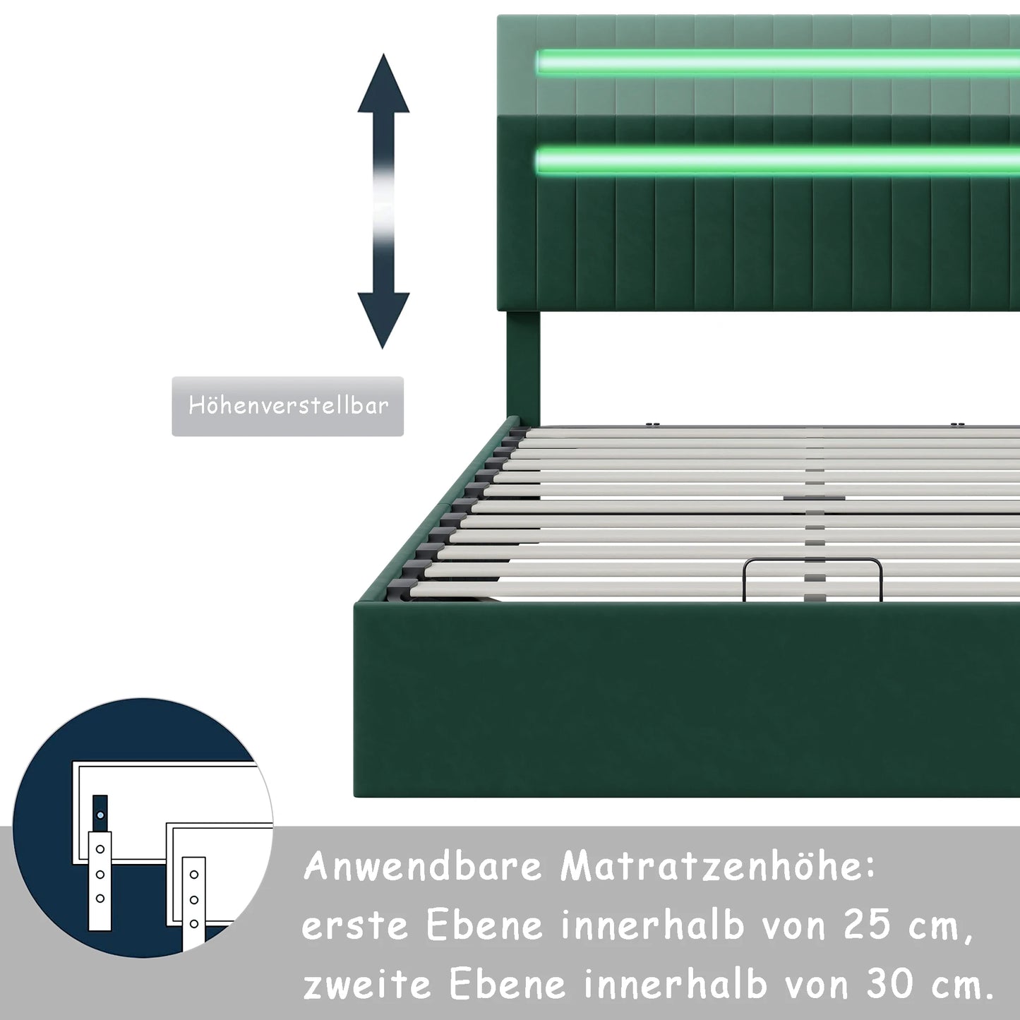 Emerald green velvet storage bed, 160x200cm, with integrated LED and USB port speakers.