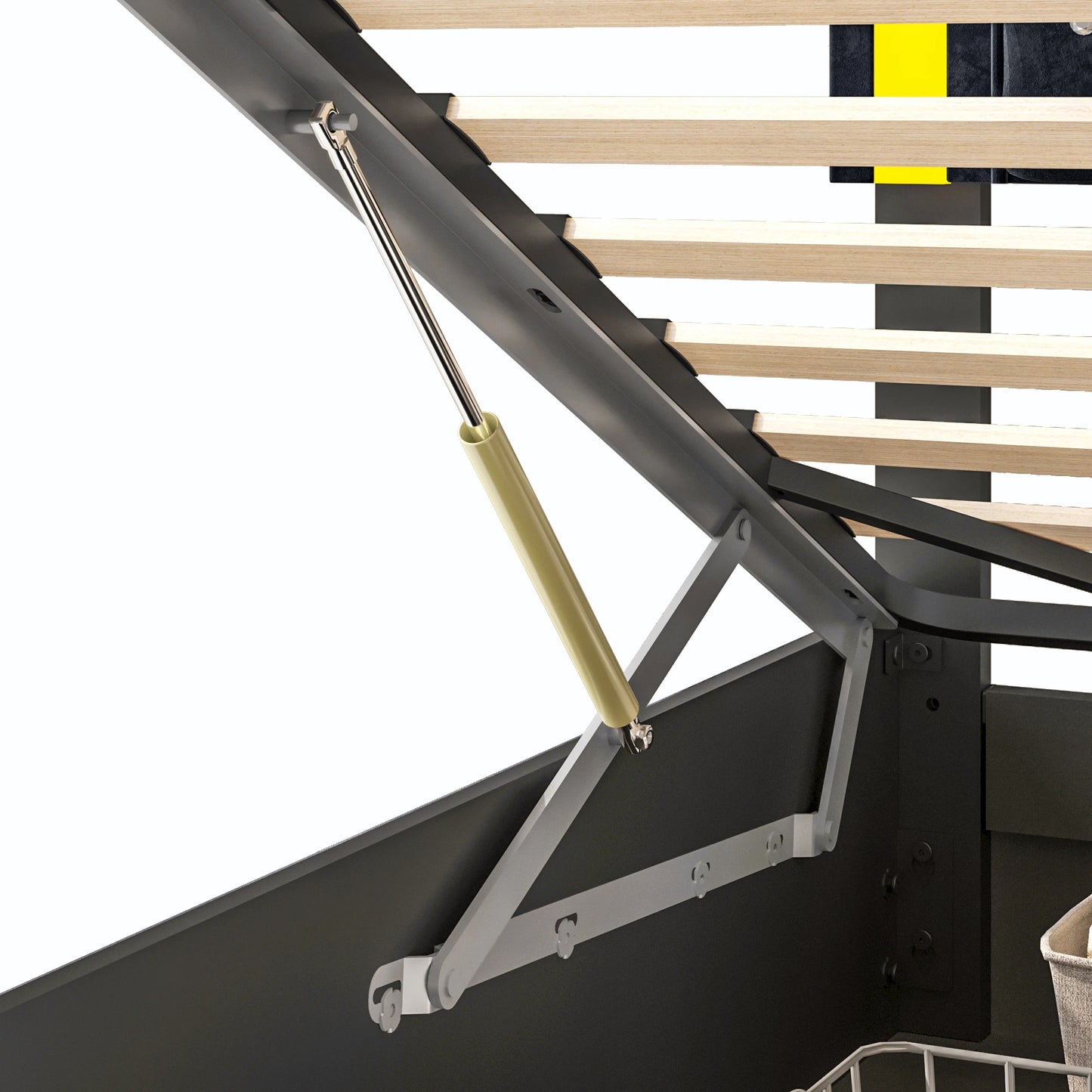 Lit coffre noir 140x200 cm avec LED, port USB et hauts parleurs intégrés.