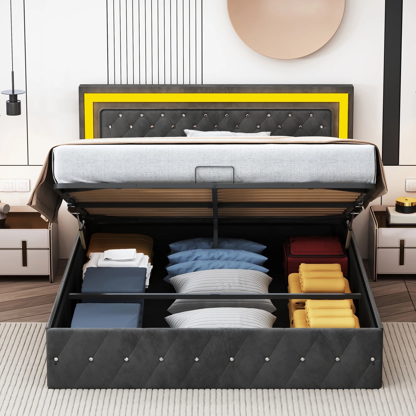 Lit coffre noir 140x200 cm avec LED, port USB et hauts parleurs intégrés.