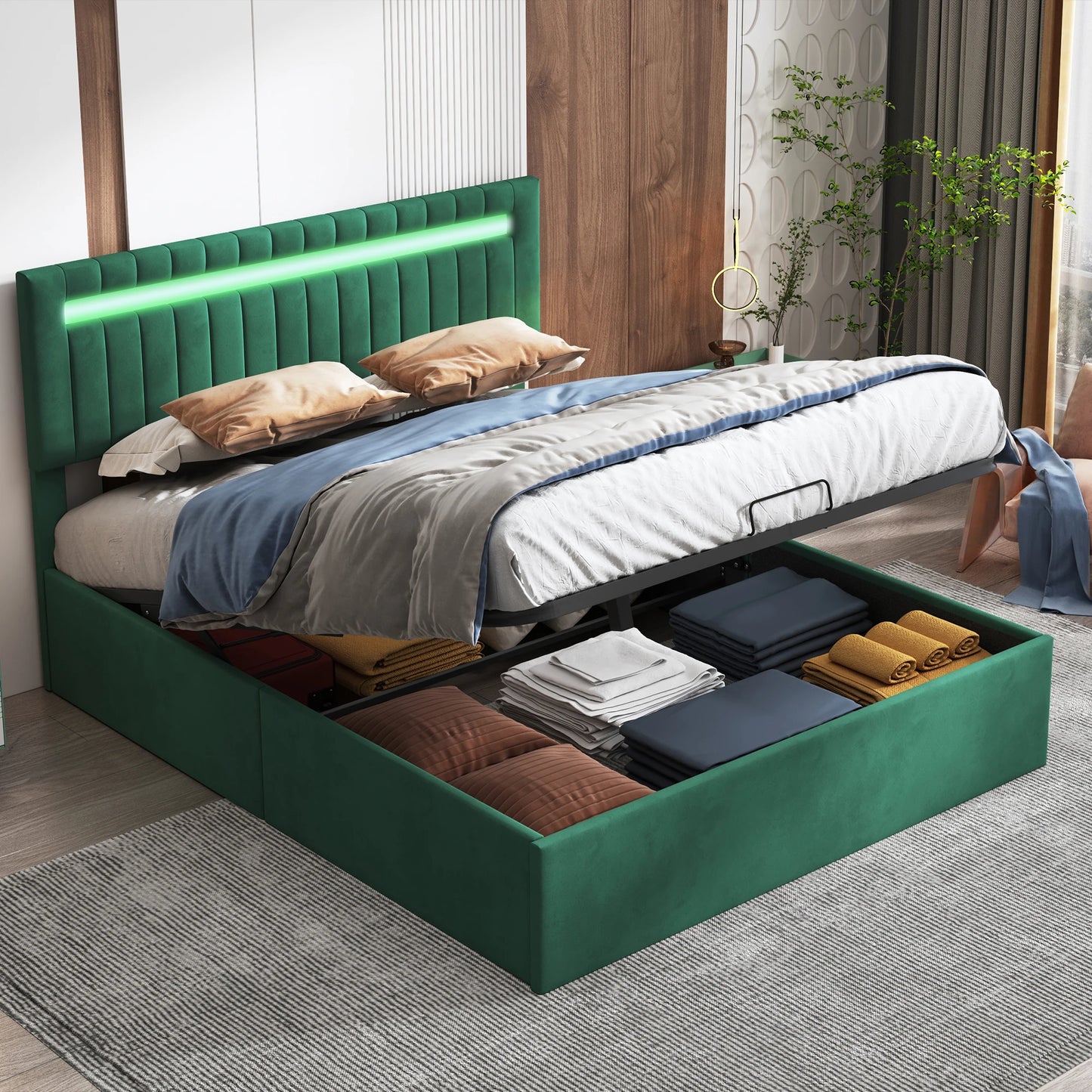 Emerald green velvet storage bed, 160x200cm, with integrated LED and USB port speakers.