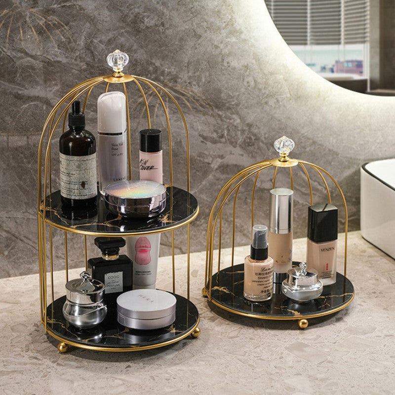 Storage cage for beauty products. Dressing table. Desktop jewelry, lipstick, skincare products. Iron bird cage. 