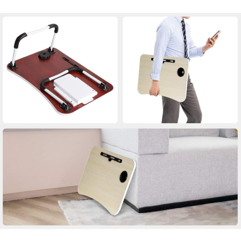 The Table pliante multifonction pour ordinateur portable, lit ou canapé is shown in three views: folded with handles, carried by someone in business attire, and stored upright beside a sofa as a convenient support de lecture ou plateau.