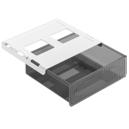 The Boîte de rangement à tiroir auto-adhésive sous table, avec base grise translucide et couvercle blanc coulissant à découpes rectangulaires, offre un rangement efficace et discret pour bureau ou armoire.