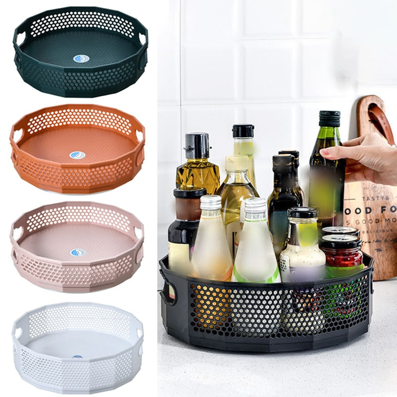 Support pour assaisonnement ou panier de fruits, rotatif 360°.    360 Rotatable Tray Kitchen Storage Rack Seasoning Spice