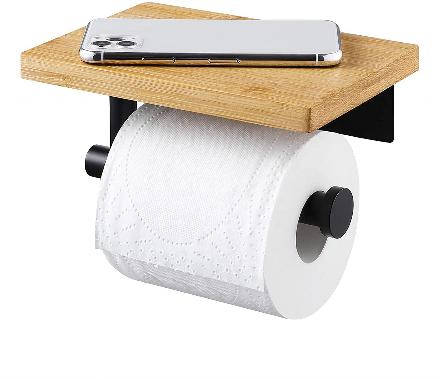 Support pour papier toilettes en Bambou. Bamboo Black Toilet Paper Holder With Phone Shelf