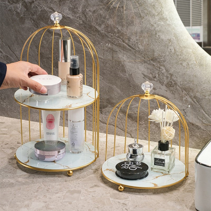 Storage cage for beauty products. Dressing table. Desktop jewelry, lipstick, skincare products. Iron bird cage. 