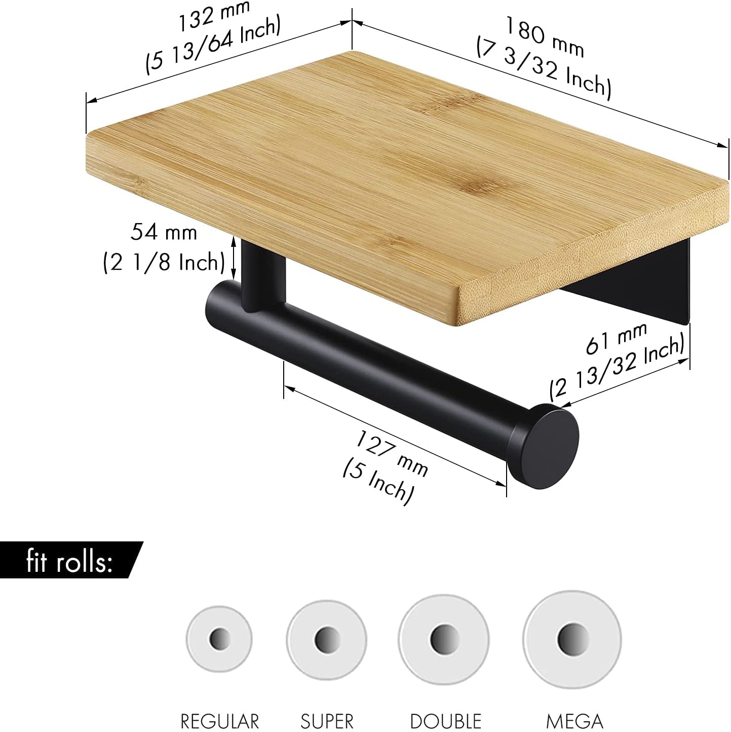 Support pour papier toilettes en Bambou. Bamboo Black Toilet Paper Holder With Phone Shelf