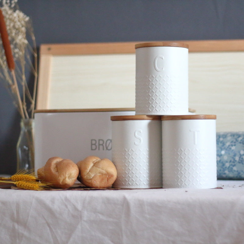 Boite de rangement pour condiments en Bambou. Bamboo Lid Round Can Kitchen Snack Candy Storage Box.