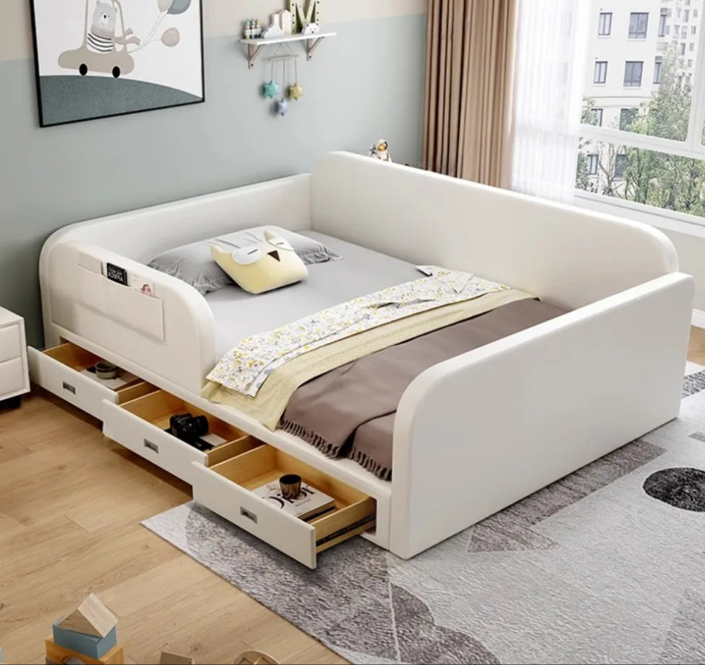 Modern and luxurious bed with slatted base, 90x200, with 3 drawers for storage.