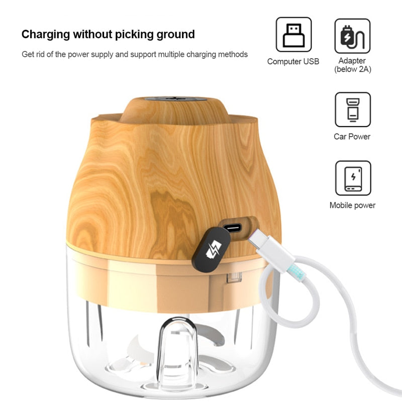 Hachoir électrique mobile avec port USB. Electric Wood Grain Kitchen Chopper Mini USB