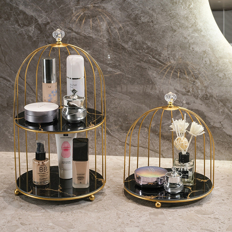 Storage cage for beauty products. Dressing table. Desktop jewelry, lipstick, skincare products. Iron bird cage. 
