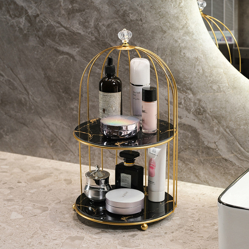 Storage cage for beauty products. Dressing table. Desktop jewelry, lipstick, skincare products. Iron bird cage. 