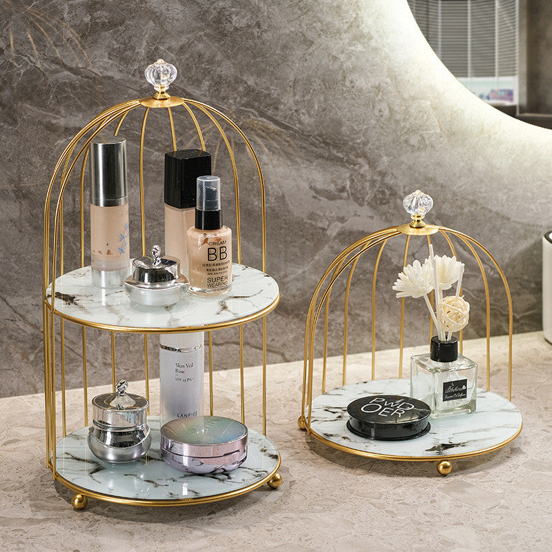 Storage cage for beauty products. Dressing table. Desktop jewelry, lipstick, skincare products. Iron bird cage. 