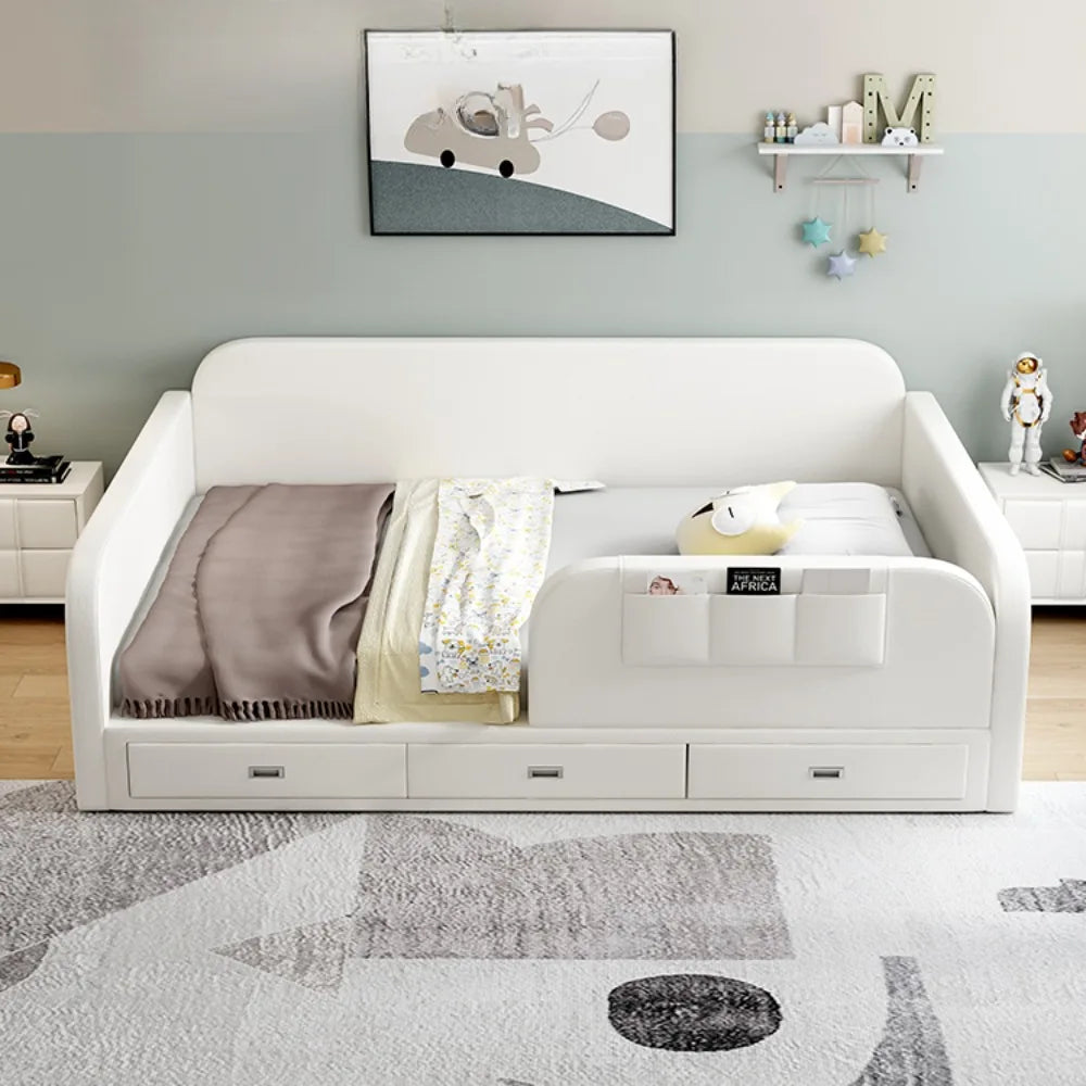 Modern and luxurious bed with slatted base, 90x200, with 3 drawers for storage.
