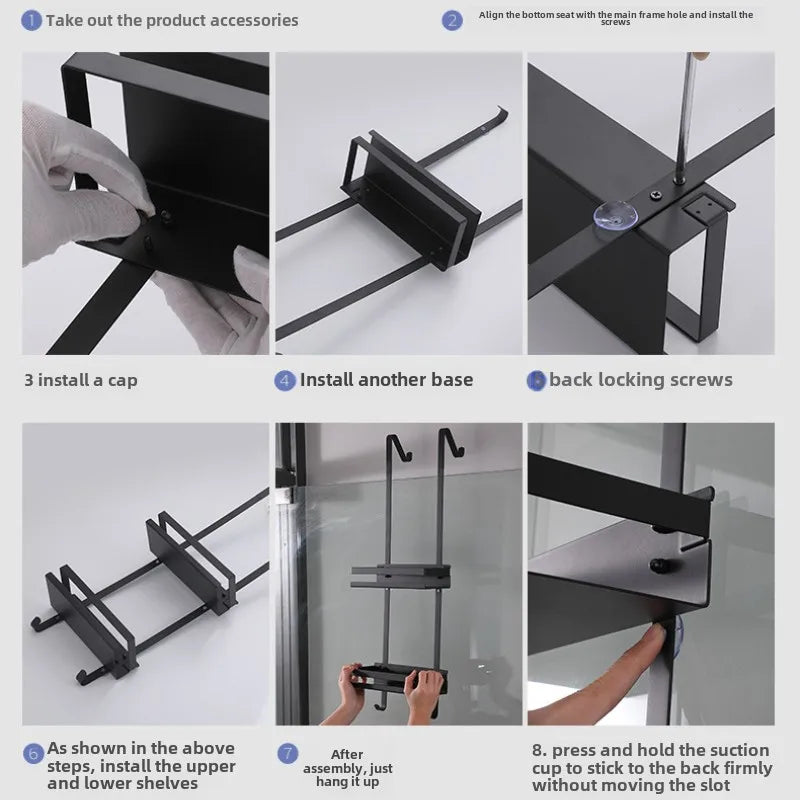 Bathroom organizer with 2 storage shelves. Stainless steel shower room rack organizer.