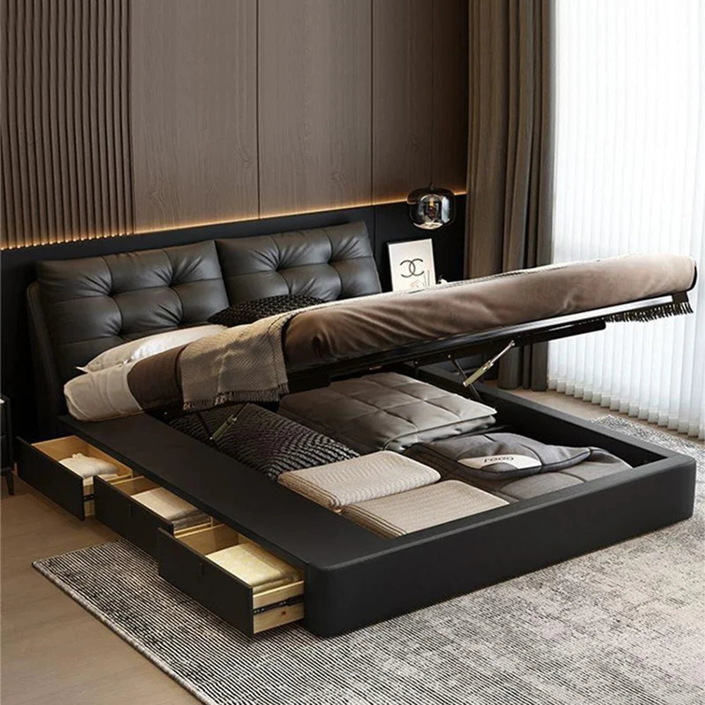 Luxury leather double bed, 180cm, with storage compartments and trunk.