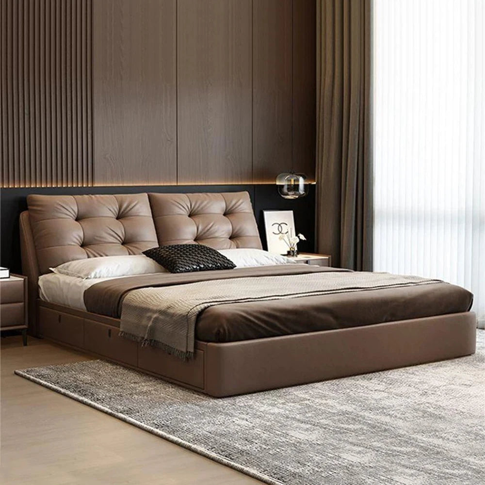 Luxury leather double bed, 180cm, with storage compartments and trunk.